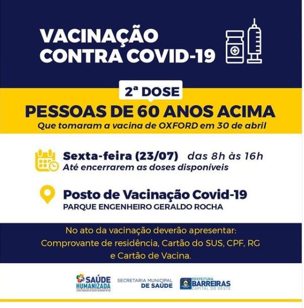 Pessoas a partir de 60 anos receberão 2ª dose de vacina contra COVID-19 nesta sexta (23) em Barreiras