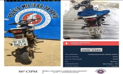 Moto roubada em Brasília é recuperada pela PM na Bahia após abordagem no Centro de Santa Rita de Cássia