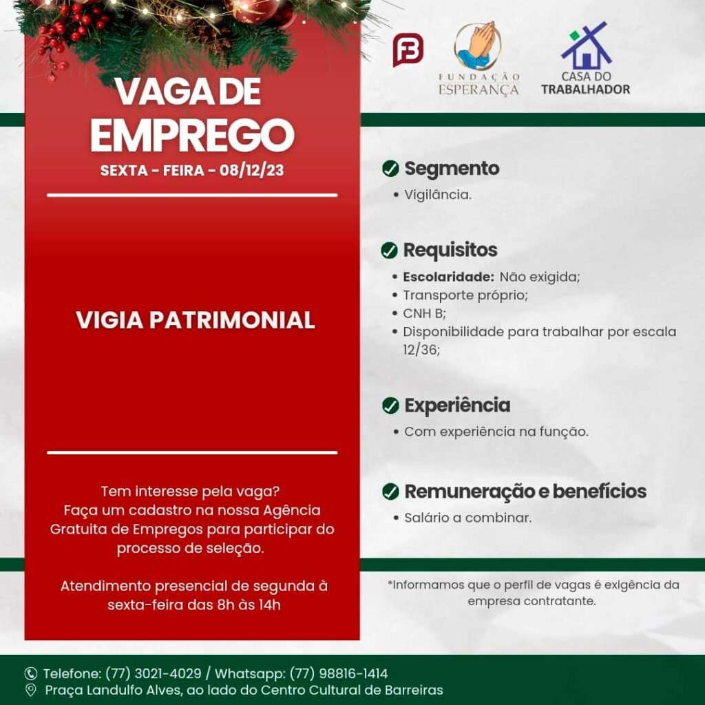 CASA DO TRABALHADOR! Oportunidades disponíveis nesta sexta-feira (08/12)