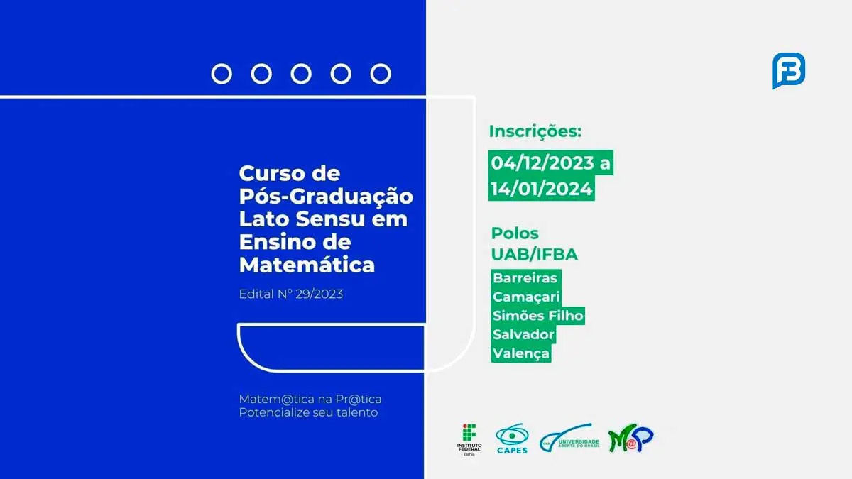 Processo seletivo gratuito para cursos do IFBA. Clique e saiba