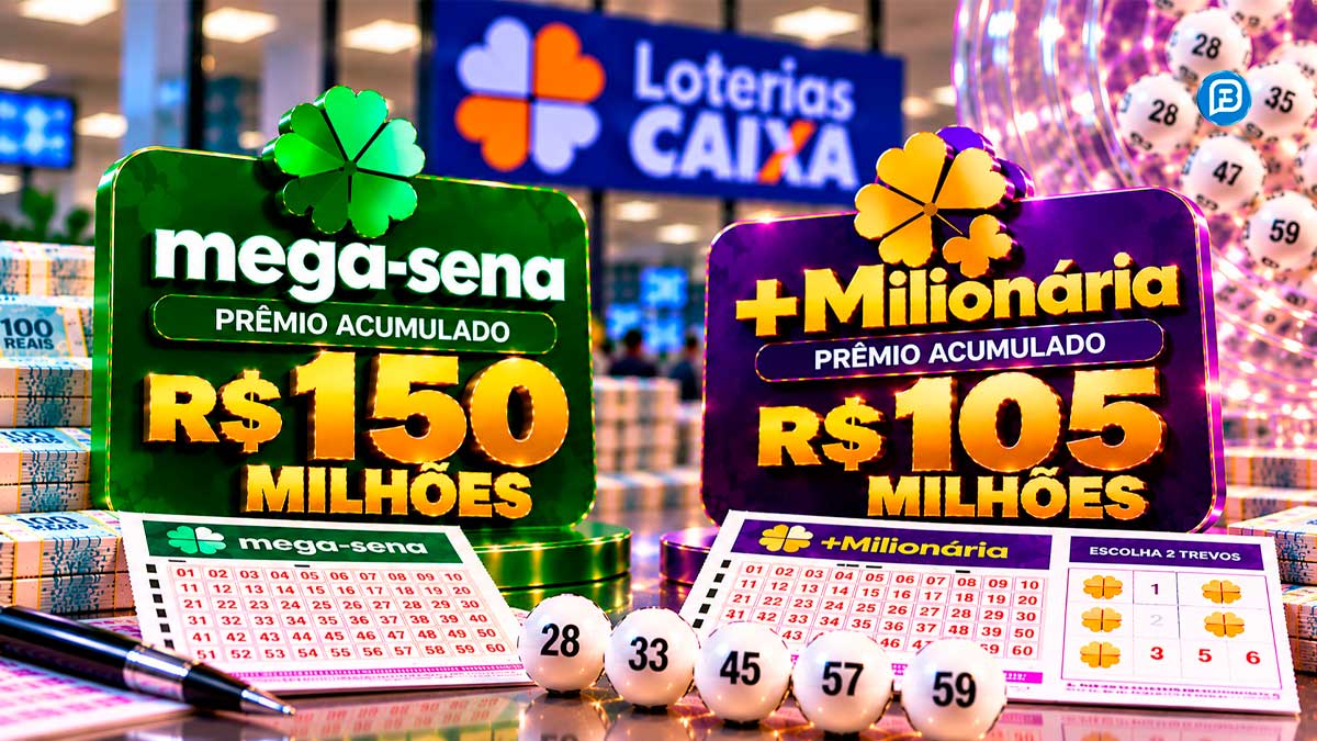 Mega-Sena de R$ 150 milhões e +Milionária de R$ 105 milhões serão sorteadas hoje